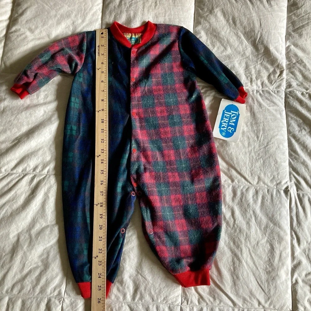 Vtg NWT Tom & Jerry Plaid Pajama Sleeper Footless Fleece Snap 18mo USA Red Green